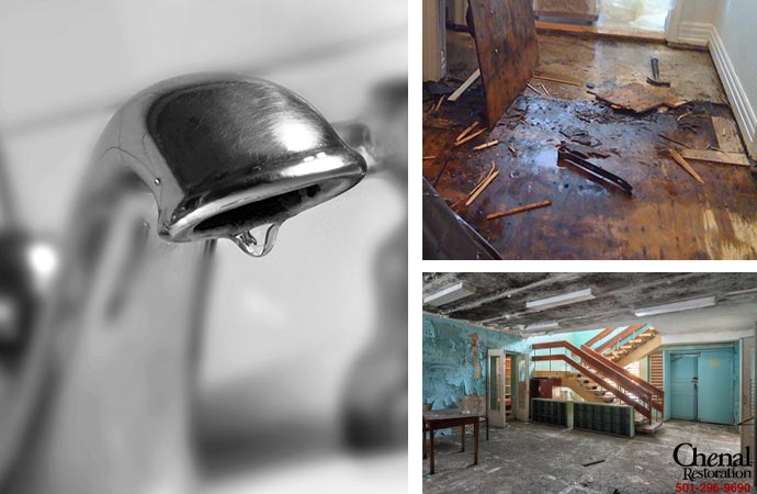 Restoring damaged floors and addressing plumbing overflow from leaky faucets.