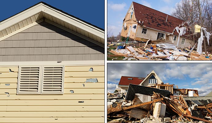 Multiple storm damaged houses in one collage Collage showing different storm-damaged residential properties