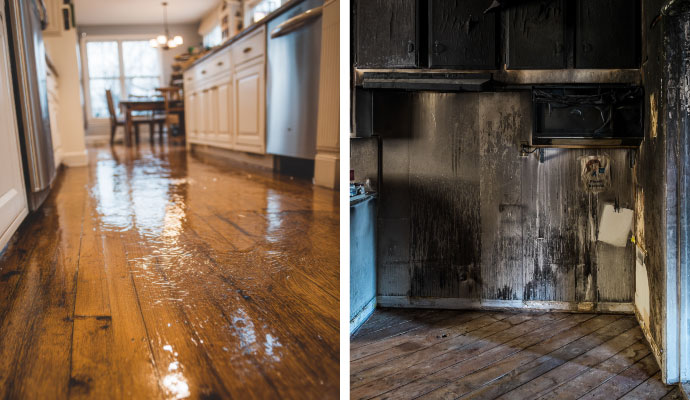 Collage of water damaged kitchen floor and fire damaged kitchen