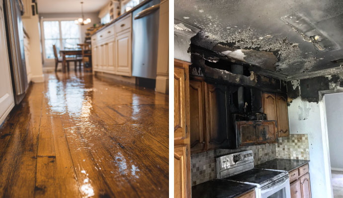 Collage of water damaged kitchen floor and fire damaged kitchen interior