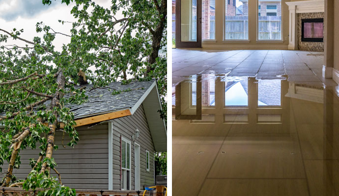 Collage of storm damage fallen tree on roof and interior flooding