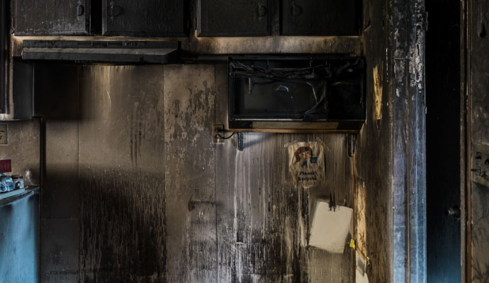 Fire damaged kitchen interior
