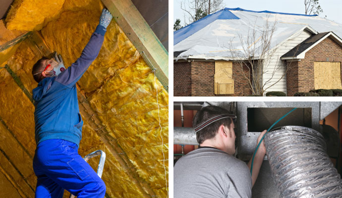Collage of different types of fire and storm damage restoration service