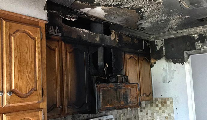 Soot and fire damaged ceiling