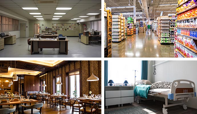 Collage of clean office retail shop restaurants and hospital Collage of clean office retail shop restaurants and hospital