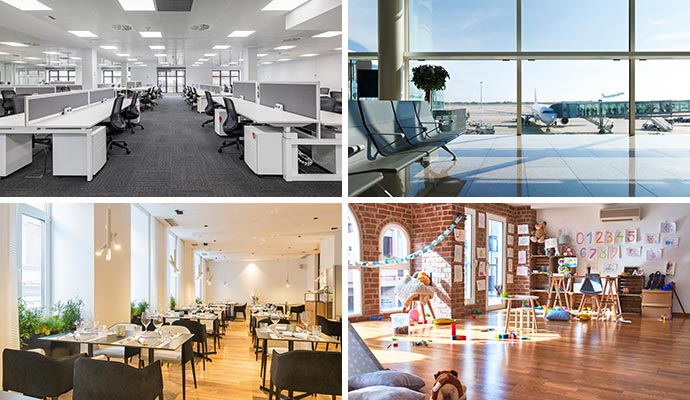 Commercial cleaning and facility maintenance Collage of a modern office, airport, restaurant, and daycare.