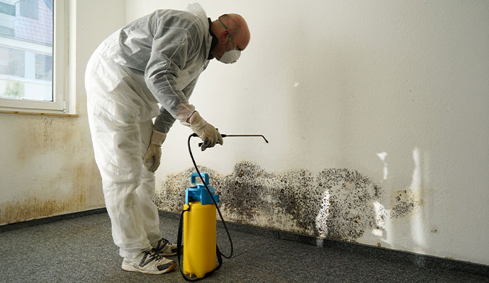 Mold remediation worker spraying
