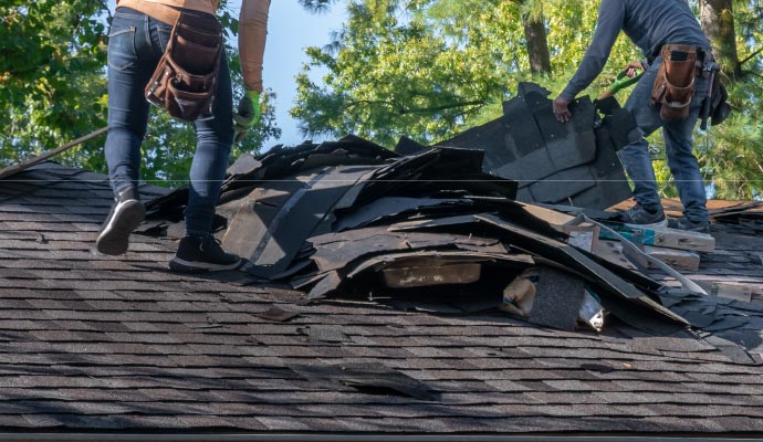 Professional workers repairing roof