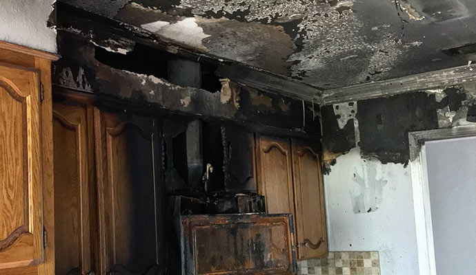 wall cabinet kitchen fire smoke damages