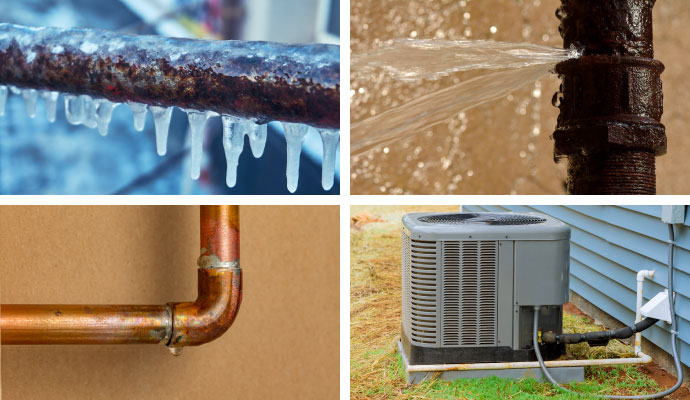 Collage of frozen pipe, broken water line, pipe leak and HVAC discharge line