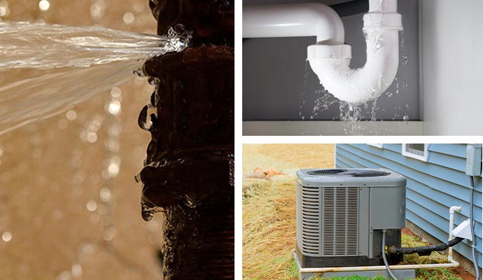 Collage of broken pipe, plumbing overflow and HVAC unit