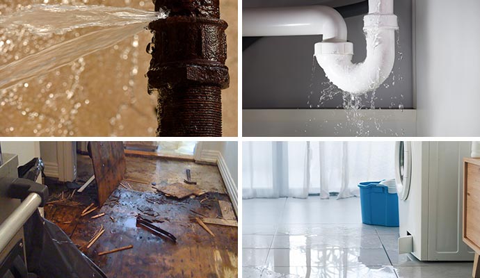 Collage of broken water pipe, water pipe leakage, water damaged wooden floor and leaky appliance Collage of broken water pipe, water pipe leakage, water damaged wooden floor and leaky appliance