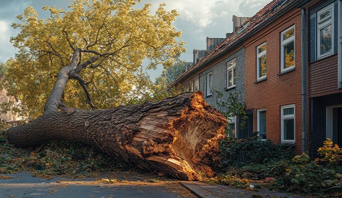 A large tree fallen in front of a house
