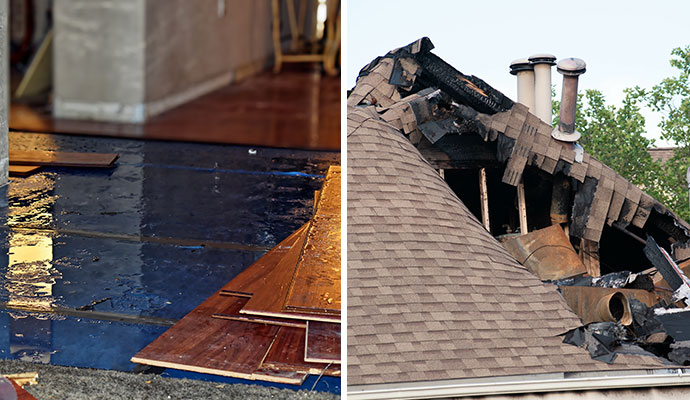 Water damaged floor and fire damaged house roof
