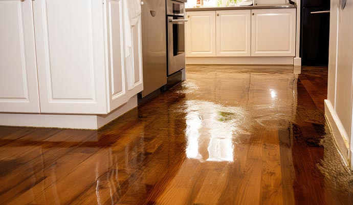 Water-damaged kitchen wooden floor Kitchen with a wooden floor flooded by water