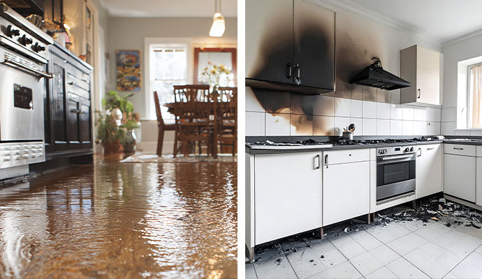 Water damaged wooden floor and fire damaged kitchen property