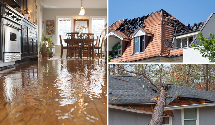 Water damaged wooden floor, fire damaged house, and wind damaged house roof